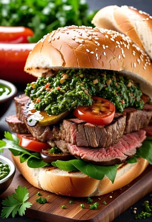 Highly detailed, big uncut grilled ((fillet mignon )) put  into a toasted French bread bun with chimichurri sauce, hot dog style, 35mm macro photograph, professional, 4k, highly detailed