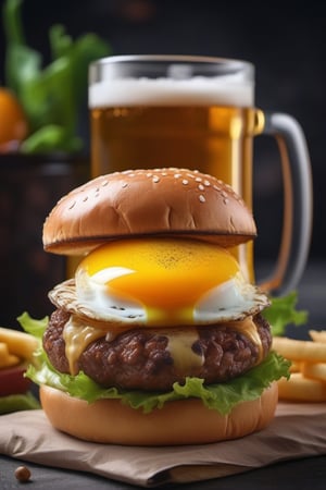 Hamburger with egg,Cold beer in glass mug, macro photography, close-up, hyper detailed, trending on artstation, sharp focus, studio photo, intricate details, highly detailed,