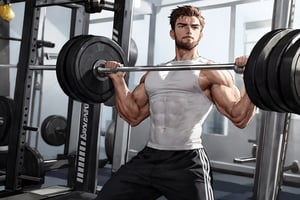 A Western man is working hard in the gym, lifting a dumbbell to train the muscles of his left arm, exuding the charm of a powerful man. The background of the gym is clean, with only one piece of fitness equipment needed.
