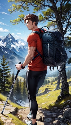 In this frontal view, we depict a high-level executive male from a Western country clad in sportswear, actively engaged in an exhilarating mountain climbing scene. He confidently holds a box of nutrition food in his right hand, radiating a demeanor of self-assurance and vitality. The background features majestic mountain ranges, lush trees, or other natural elements, emphasizing a sunny and vibrant atmosphere. Additionally, you may notice a hiking pole or backpack placed beside him, contributing to the adventurous ambiance. Overall, the image portrays a dynamic and optimistic figure, capturing the executive's abundant energy amidst the natural surroundings.