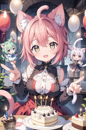 group picture,multiple girls, 5girls, looking at viewer ,shiny skin, (loli girl),(chibi:1.5),(cat ear:1.6),(birthday party:1.3),(cake with candles),smile