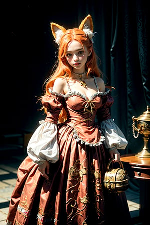 An artistic vision of a young and alluring sorceress with long, orange hair and fox ears atop her head, dressed sexily in a pirate Lolita style. She stands near a chest filled with gold coins and golden treasure. Pirate treasures, travel bags, a kettle, wine bottles, goblets, gold bars, and oil lamps are scattered all around. Her dress is embroidered with red flower patterns and adorned with white lace and bows. Pirate cove. Finely detailed. Masterpiece. Close-up photo. Cluttered maximalism. 64k, ultra dynamic range. High angle. Enchanting atmosphere. 
