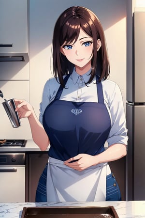 1women, sole_female, medium large shot, masterpiece, shiny blue eyes, High detailed, body full, shorts, portrait,1girl, dark hair, shirt,masterpiece,best quality,portrait , cooking , a milf , straight hair , smile , kitchen apron