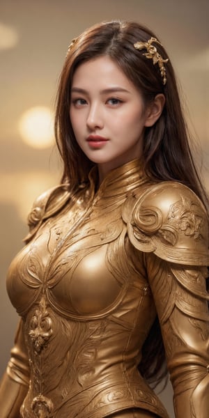 (Mcot1:4)realistic photo,The golden sculpture of the goddess shines brightly, looking up, glowing, golden skin,Brown hair, showing beautiful body figure, Cinematic style,Ethereal Beauty, Dynamic chiaroscuro, High resolution, Awe-inspiring painting of Awe-striking, beautiful body figure, creating an atmosphere mystery around, perfect anatomy, captivating scene, centered, approaching perfection, dynamic, highly detailed, artstation, concept art, smooth, sharp focus, illustration,, high definition, accent lighting, contrasted with bright paint colors,(Mcot1:4)behfind the goddess that are a brilliant golden light radiates, the goddess is in the middle of sky,golden. backlight,holy armor,fantasy armor