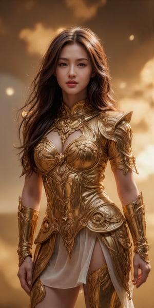 (Mcot1:4)realistic photo,The golden sculpture of the goddess shines brightly, looking up, glowing, golden skin,Brown hair, showing beautiful body figure, Cinematic style,Ethereal Beauty, Dynamic chiaroscuro, High resolution, Awe-inspiring painting of Awe-striking, beautiful body figure, creating an atmosphere mystery around, perfect anatomy, captivating scene, centered, approaching perfection, dynamic, highly detailed, artstation, concept art, smooth, sharp focus, illustration,, high definition, accent lighting, contrasted with bright paint colors,(Mcot1:4)behfind the goddess that are a brilliant golden light radiates, the goddess is in the middle of sky,golden. backlight,holy armor,fantasy armor