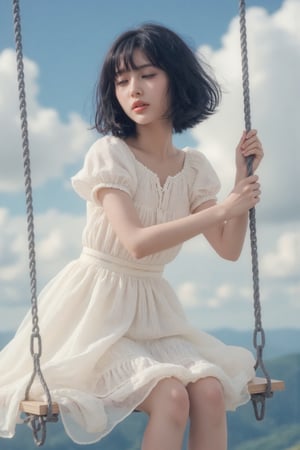 best quality,masterpiece,1girl, above clouds, solo, short hair, bangs, black hair, dress, sitting, closed eyes, short sleeves, outdoors, parted lips, sky, day, cloud, white dress, blue sky, cloudy sky, swing