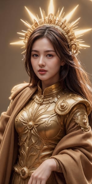 (Mcot1:4)realistic photo,The golden sculpture of the goddess shines brightly, looking up, glowing, golden skin,Brown hair, showing beautiful body figure, Cinematic style,Ethereal Beauty, Dynamic chiaroscuro, High resolution, Awe-inspiring painting of Awe-striking, beautiful body figure, creating an atmosphere mystery around, perfect anatomy, captivating scene, centered, approaching perfection, dynamic, highly detailed, artstation, concept art, smooth, sharp focus, illustration,, high definition, accent lighting, contrasted with bright paint colors,(Mcot1:4)behfind the goddess that are a brilliant golden light radiates, the goddess is in the middle of sky,golden. backlight,holy armor,fantasy armor