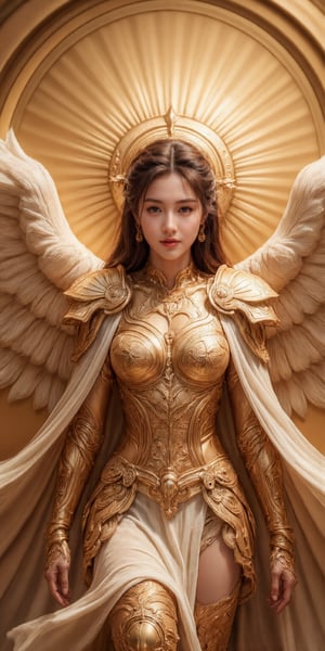 (Mcot1:4)realistic photo,The golden sculpture of the goddess shines brightly, looking up, glowing, golden skin,Brown hair, showing beautiful body figure, Cinematic style,Ethereal Beauty, Dynamic chiaroscuro, High resolution, Awe-inspiring painting of Awe-striking, beautiful body figure, creating an atmosphere mystery around, perfect anatomy, captivating scene, centered, approaching perfection, dynamic, highly detailed, artstation, concept art, smooth, sharp focus, illustration,, high definition, accent lighting, contrasted with bright paint colors,(Mcot1:4)behfind the goddess that are a brilliant golden light radiates, the goddess is in the middle of sky,golden. backlight,holy armor,fantasy armor