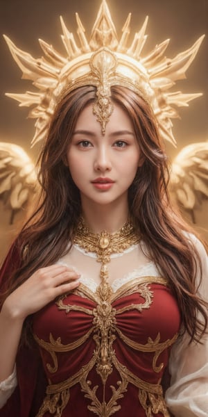 (Mcot1:4)realistic photo,The golden sculpture of the goddess shines brightly, looking up, glowing, golden skin,Brown hair, showing beautiful body figure, Cinematic style,Ethereal Beauty, Dynamic chiaroscuro, High resolution, Awe-inspiring painting of Awe-striking, beautiful body figure, creating an atmosphere mystery around, perfect anatomy, captivating scene, centered, approaching perfection, dynamic, highly detailed, artstation, concept art, smooth, sharp focus, illustration,, high definition, accent lighting, contrasted with bright paint colors,(Mcot1:4)behfind the goddess that are a brilliant golden light radiates, the goddess is in the middle of sky,golden. backlight,holy armor,fantasy armor