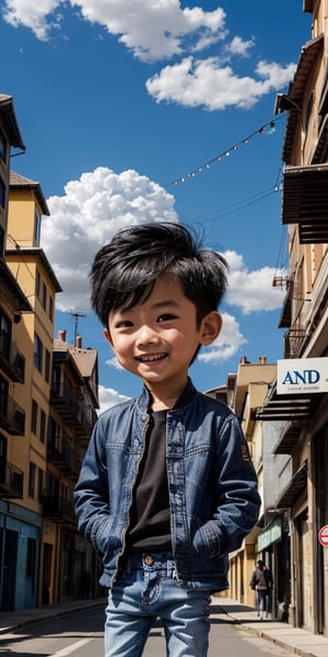  Masterpiece by master, looking_at_camera, :), smiling face, Cute chibi 1boy figure, stylish attire, black long jacket, dark blue jeans, faux hawk hairstyle, innocent, 4k, aesthetic, blue sky, natural light, daytime, clouds, city street background, fhd,chibi 1boy,1boy,one_boy,ONE_BOY,SAM YANG,3DMM,chibi, detailed_background 