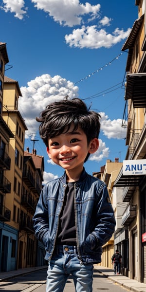  Masterpiece by master, looking_at_camera, :), smiling face, Cute chibi 1boy figure, stylish attire, black long jacket, dark blue jeans, faux hawk hairstyle, innocent, 4k, aesthetic, blue sky, natural light, daytime, clouds, city street background, fhd,chibi 1boy,1boy,one_boy,ONE_BOY,SAM YANG,3DMM,chibi, detailed_background 