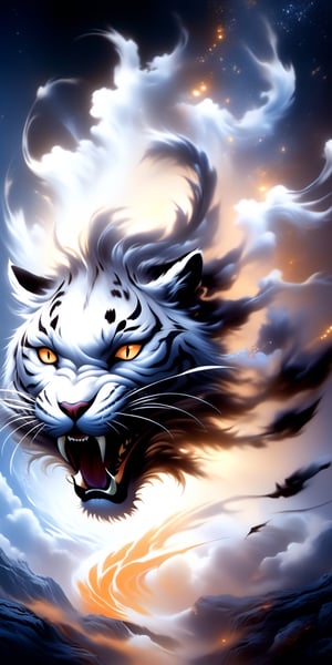 Airbrushing (Beautiful mystical allure) long swirling hair, smart, environment, Using airbrushing for art, often for smooth gradients, spray effects, or automotive art,1 girl,anime The white tiger has a pair of wings, and the black-bellied scorpion has a pair of double claws.,DonMW15pXL