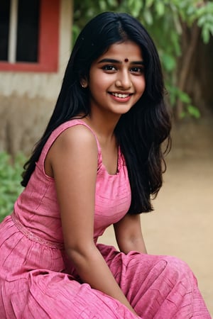 Indian women 20year old, black-hair, dark_eyes, smiling face, indian_style, pink_dress,face smoothy,village girl