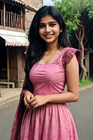 Indian women 20year old, black-hair, dark_eyes, smiling face, indian_style, pink_dress,face smoothy,standing_up  village street