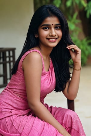 Indian women 20year old, black-hair, dark_eyes, smiling face, indian_style, pink_dress,face smoothy,place_odisha