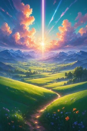 //quality
(best impact:1.5), (Maximalism:1.7), vivid contrast, (realistic), super realistic illustration, highres, ultra detailed, absurdres,
BREAK
//Overall Scene Setting
A vast green meadow stretching out with gently rolling mountains in the distance.
The sky is at sunset, transitioning from orange to pink and purple in a gradient.
BREAK
//Light Depiction
Mystical beams of light (Angels’ Ladder) are streaming down from between thick clouds in the sky.
There are multiple beams of light, each falling at different angles onto the ground.
The beams are bright, with tiny particles shimmering within the light.
BREAK
//Cloud Depiction
Thick, overlapping clouds cover the sky, some of which are illuminated with an orange glow from the sunset.
Patches of the sky are visible through the clouds, from which light streams down.
BREAK
//Ground Depiction
The meadow is covered with soft grass, with small flowers blooming in certain areas.
The areas where the light beams hit the ground are especially bright, creating a strong contrast with the surrounding areas.
BREAK
//Color and Texture
The sky features warm sunset colors, with clouds depicted in a three-dimensional manner.
The light beams have transparency and shine, with bright spots on the ground where the beams hit.
The meadow shows gradients of green, with the movement of the grass being depicted as swaying in the wind.,scenery