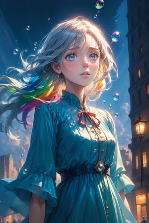 //quality
(1lady, solo:1.6), (best impact:1.5), (Maximalism:1.7), vivid contrast, (realistic), super realistic illustration, highres, ultra detailed, absurdres,
BREAK
//character
(Beautiful face, brightly colored shining eyes, clear skin, shiny hair: 1.2),
BREAK
//Background
A cityscape with a cloudy sky. The cloudy sky has gray tones, creating a slightly dark atmosphere.
The city buildings have a modern design, with reflections from glass and metal.
It’s dusk, and the streetlights are beginning to glow faintly.
BREAK
//Character
The protagonist lady has long white hair, which is swaying in the wind. She is wearing a simple white dress. The dress is somewhat loose, and you can see it fluttering in the wind.
Her expression is sad, with tears welling up in her eyes.
There are countless bubbles floating around her. The bubbles reflect light and have a colorful, rainbow-like shimmer.
BREAK
//Pose and Movement
The protagonist lady is placing one hand on her chest, while the other hand is hiding her face.
Her body is slightly hunched forward, reflecting her emotions.
BREAK
//Expression and Emotion
Her expression is poignant, conveying a sense of inner pain.
((Tears are streaming down her cheeks.:1.5))
BREAK
//Color and Lighting
The overall color palette is composed of pale grays and blues, emphasizing sadness and poignancy.
The lighting is soft, giving the scene a calm and subdued atmosphere.
BREAK
//Details
The fine details of the bubbles, including the light reflections and rainbow-like shimmer.
The delicate wrinkles in the dress and its movement in the wind.
The transparency of the tears in her eyes and their path down her cheeks.,more detail XL,scenery