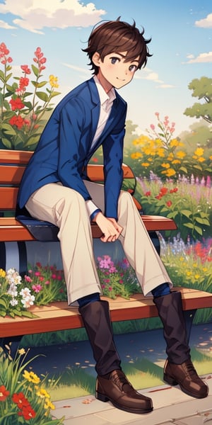 boy sitting on a bench with flowers 