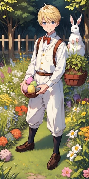 blond male child with bunnies and easter eggs in the garden 