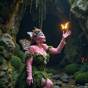 a woman with four eyes, pink skin, textured skin, pink textured skin, full body pink textured skin. In. a   clad in a mossy green dress adorned with grass and wildflowers, climbs the rugged rocks of a dimly lit cave. Her outfit, reminiscent of nature itself, seems to blend with the environment, while delicate moth wings are pinned to her back, giving her an otherworldly appearance. As she reaches for a shimmering butterfly that flits just out of reach, the glow of its wings illuminates the shadows around her. Unbeknownst to her, lurking behind a jagged stone in the darkness, a spider watches intently, its many eyes glinting like tiny stars. Will her curiosity lead her to the beauty of the butterfly, or will the hidden dangers of the cave prove too great? close up of her face 4K quality 