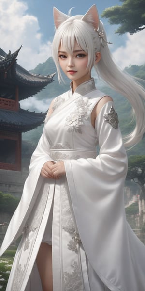 master piece, best quality, highly detailed, ultra detailed, extremely CG unity 8k wallpaper,
1 girl, 9 years old, cat ears, white hair, very short hair, 
(white Chinese dresses:1.2), (side slit dress:1.2),dress is crotch lengh,more detail XL,royal knight