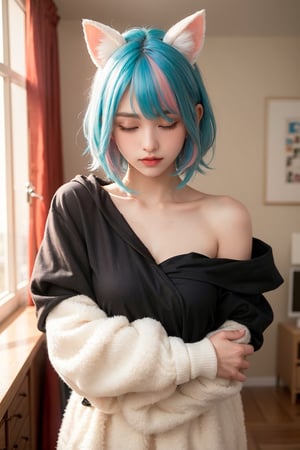 (best quality, masterpiece), 1girl, off shoulder,(softcolored hair:1.3), clutter girl's lovely room, hugging stuffed animal, fluffy hoodie with animal ears,FUJI
