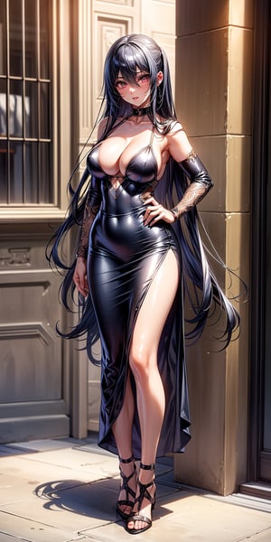 (((masterpiece, best quality:1.1))), highres, Manga, (ultra-detailed), (1girl),(solo:1.5), light makeup, small_breasts, seductive, elegant, stylish, sexy, curvy, looking at viewer, (((((body facing viewer))))), (((full body))), beautiful legs, perfect body, beautiful woman, (beautiful detailed face:1.2), beautiful detailed eyes, ((intricate detailed)), (perfect detailed breasts), perfect hands, detailed fingers, big breasts, very long hair, shiny hair, hair between eyes, pink eyes, Akiyama Rinko