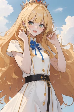 (masterpiece, best quality, highres:1.3), (red eyes, blonde hair, long hair, wavy hair, small breasts,1girl , bangs, long bangs,), smiling, :D, looking_at_viewer, white dres, blue sky, belt, flower on hair, white flower, clouds, crown flower, upperbody