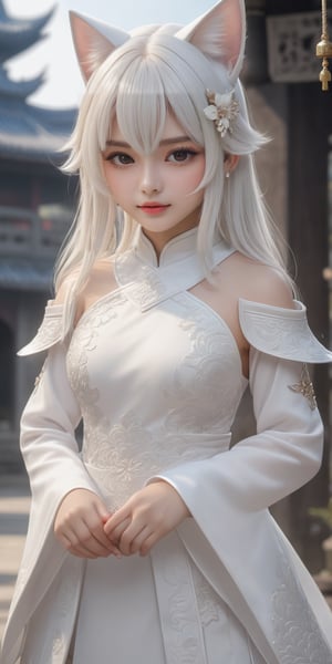 master piece, best quality, highly detailed, ultra detailed, extremely CG unity 8k wallpaper,
1 girl, 9 years old, cat ears, white hair, very short hair, 
(white Chinese dresses:1.2), (side slit dress:1.2),dress is crotch lengh,more detail XL,royal knight