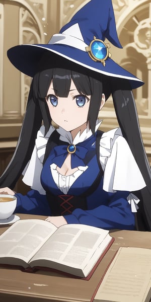 masterpiece, best quality, highres
,//Character, 
1girl,hestia, black hair, blue eyes,
twin tails/long hair, hair ornament
,//Fashion, 

,//Background, 
,//Others, ,Expressiveh, 
A girl in a witch's hat reading a large, ancient grimoire, magical symbols floating around her in a swirling pattern.