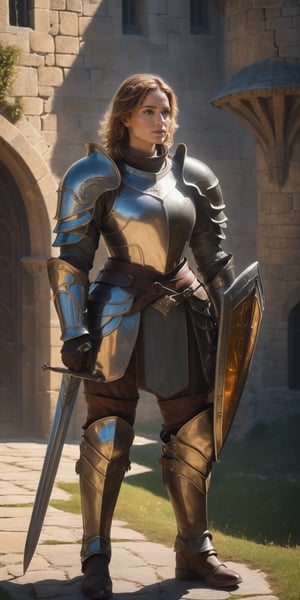 1girl, 24 years old girl, full_body, standing, A majestic female paladin stands resolute before the imposing castle gates, her plate armor glistening in the warm sunlight. Her gaze is steady, hand resting on the hilt of her long sword, its leather scabbard worn and battle-worn. The knight's portrait is framed by the grandeur of the castle walls, magical cosmic nebula as a background, Arsen Lupin, dressed as a human male paladin, stands proud, his armor polished to a mirror finish, reflecting the bravery within, (masterpiece: 1.2), (realistic, hyper-realistic: 1.2), (ultra detailed features: 1.1), 16k resolution, high_quality,royal knight,more detail XL