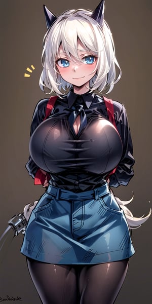 masterpiece, best quality, (solo:1.3),(gigantic_breast:1.1), (arms behind back :1.1),1girl, solo,blonde_hair, pantyhose, denim vest, open vest, black pantyhose, black shirt, denim skirt, striped long sleeves, blue skirt,short_hair