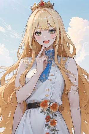 (masterpiece, best quality, highres:1.3), (red eyes, blonde hair, long hair, wavy hair, small breasts,1girl , bangs, long bangs,), smiling, :D, looking_at_viewer, white dres, blue sky, belt, flower on hair, white flower, clouds, crown flower, upperbody