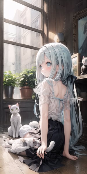 masterpiece, best quality, extremely detailed, (illustration, official art:1.1), 1 girl ,(((( light blue long hair)))), ,(((( light blue long hair)))),light blue hair, ,10 years old, long hair ((blush)) , cute face, big eyes, masterpiece, best quality,(((((a very delicate and beautiful girl))))),Amazing,beautiful detailed eyes,blunt bangs((((little delicate girl)))),tareme(true beautiful:1.2), sense of depth,dynamic angle,,,, affectionate smile, (true beautiful:1.2),,(tiny 1girl model:1.2),)(flat chest), (((masterpiece))), (SFW:1.5),best quality, high resolution, distinct image, (many (detailed) little cats) and one girl:1.3), mini skirt、 focus on cat, little (detailed) cats around girl,background is back alley, detasiled sunlight, sitting, girl looking viewer, side view, (cats looking viewer:1.2), sitting on the floor grasping knees, (happy:1.3) , (kitten)
,breakdomain,score_9,Score_9