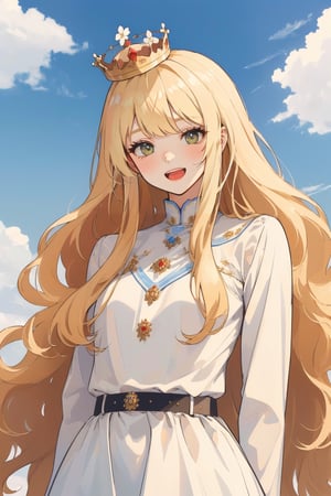 (masterpiece, best quality, highres:1.3), (red eyes, blonde hair, long hair, wavy hair, small breasts,1girl , bangs, long bangs,), smiling, :D, looking_at_viewer, white dres, blue sky, belt, flower on hair, white flower, clouds, crown flower, upperbody