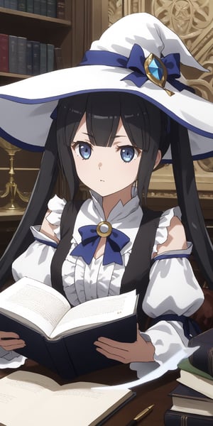 masterpiece, best quality, highres
,//Character, 
1girl,hestia, black hair, blue eyes,
twin tails/long hair, hair ornament
,//Fashion, 

,//Background, 
,//Others, ,Expressiveh, 
A girl in a witch's hat reading a large, ancient grimoire, magical symbols floating around her in a swirling pattern.