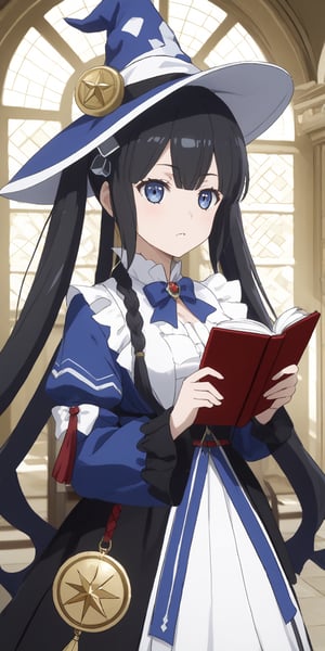 masterpiece, best quality, highres
,//Character, 
1girl,hestia, black hair, blue eyes,
twin tails/long hair, hair ornament
,//Fashion, 

,//Background, 
,//Others, ,Expressiveh, 
A girl in a witch's hat reading a large, ancient grimoire, magical symbols floating around her in a swirling pattern.