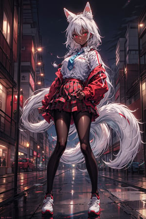 Extremely absurdres, 8k, 4k, detailed, full body portrait, perfect hands, (masterpiece, best quality:1.2), anime, 1girl, tall_female, front_view, smile, looking_at_viewer, nice, red eyes, white hair, high quality, braided hair, depth_of_field, outdoor background, park background, button up shirt, tie, clothes, plaid skirt, uniform, gym shoes, dark skin,tan, 2d art style, anime style, fox ears, fox tail, kitsune