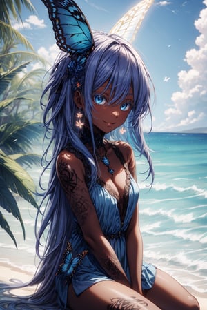 Extremely absurdres, 8k, 4k, detailed, face only, perfect hands, (masterpiece, best quality:1.2), anime, 1girl, short-female, front_view, looking_at_viewer, blue eyes, deep blue hair, high quality, short hair, depth_of_field, outdoor background, ocean background, sitting, hawaiian clothes, antennae, butterfly girl, fairy girl, fairy, dark skin, tan, colored eyelashes, smirk, playful, head tilt, half-lidded eyes,COLORED EYELASHES,(blue eyelashes),blue eyelashes, hands in lap, earring, fluffy hair,dreadlocks, full body tattoo, tribal tattoos