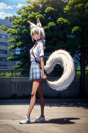 Extremely absurdres, 8k, 4k, detailed, full body portrait, perfect hands, (masterpiece, best quality:1.2), anime, 1girl, short-female, side_view, smile, looking_at_viewer, nice, red eyes, white hair, high quality, braided hair, depth_of_field, outdoor background, park background, button up shirt, tie, clothes, plaid skirt, uniform, gym shoes, dark skin,tan, 2d art style, anime style, fox ears, fox tail, kitsune, dynamic lighting, holding bag, walking