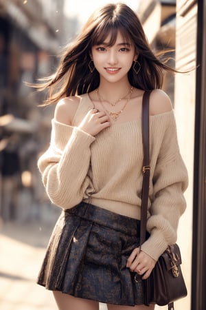 background is Seoul,
18 yo, 1 girl, beautiful korean girl,fashion model, sex, rude , a large nipple, wearing tight sweater,short skirt(chess pattern),shoulder bag(Louis Vuitton),happy laugh,cloth blowing by wind, solo, {beautiful and detailed eyes}, dark eyes, calm expression, delicate facial features, ((model pose)), Glamor body type, (dark hair:1.2), simple tiny earrings, simple tiny necklace,very_long_hair, hair past hip, bangs, curly hair, flim grain, realhands, masterpiece, Best Quality, 16k, photorealistic, ultra-detailed, finely detailed, high resolution, perfect dynamic composition, beautiful detailed eyes, eye smile, ((nervous and embarrassed)), sharp-focus, full_body, cowboy_shot,