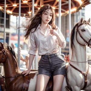 Beautiful girl wearing white collared shirt and shorts riding carousel alone. Long flowing hair, bangs, delicate facial features, and charming black eyes. His expression was calm with a hint of nervousness. Full body shot, high resolution, realistic, with film grain effect. long leg