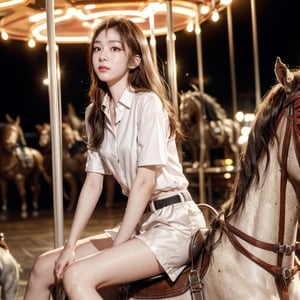 Beautiful girl wearing white collared shirt and shorts riding carousel alone. Long flowing hair, bangs, delicate facial features, and charming black eyes. His expression was calm with a hint of nervousness. Full body shot, high resolution, realistic, with film grain effect. long leg
