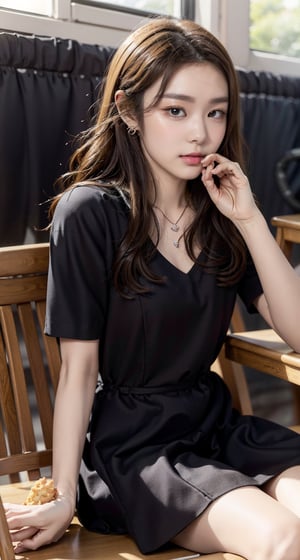 beautiful 18 year old japan girl, Best quality, 1080P, masterpiece, ultra high res, (photorealistic:1.4), raw photo, glowing skin, full body, ear_rings, medium breasts, Detailedface, Sitting in the classroom chair, Writing on the blackboard with chalk, Wearing a school uniform, Sneakily eating fast food fried chicken drumsticks with head down