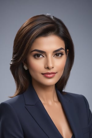 Here's a prompt for a hyper-realistic vertical photo:

A stunning Indian woman in her 30s, sporting a trendy wolf-cut brown hairstyle, sits confidently in front of a neutral background. Her determined gaze is framed by the sleek lines of a modern blue business suit, reminiscent of Anne Hathaway's sharp jawline. The subject's formal attire and poised demeanor exude professionalism, as if she's just stepped out of a high-stakes boardroom meeting. The camera captures her face in sharp detail, highlighting the subtle curves of her features. A slight smile plays on her lips, hinting at a sense of accomplishment or satisfaction. The overall composition is clean and modern, with a focus on the subject's striking facial features and confident posture.