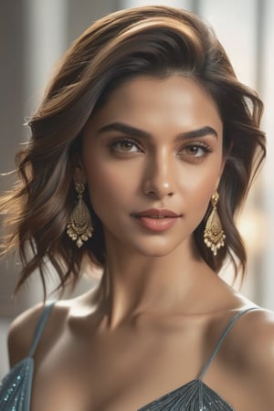 In this stunning 8K portrait, Deepika Padukone's captivating features are illuminated by soft rim ambient lighting, reminiscent of Jeremy Mann's artistic brushstrokes. Her sleek undercut hairstyle and photorealistic skin texture serve as a striking contrast against a subtle gradient background, where volumetric lighting adds depth and dimensionality. The model's symmetric eyes, perfectly framed within the golden ratio, draw attention to her alluring figure and prominent cleavage, exuding confidence and sophistication in this masterfully composed portrait.,Extremely Realistic