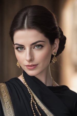 a breathtakingly beautiful caucasian woman Anne hathway from Lebanon, wearing a dark saree, perfect symmetric eyes, natural skin texture, hyperrealism, soft light, sharp, 8k hdr, dslr, high contrast, cinematic lighting, high quality, film grain, Fujifilm XT3