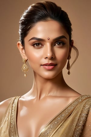 Deepika Padukone's radiant face, illuminated by soft rim ambient light, is framed within a golden ratio composition. Her striking eyes and flawless skin texture are set against a subtle gradient background, emphasizing her undercut hairstyle and curvaceous figure. Volumetric lighting adds depth, while heavy brushstrokes and paint drips evoke an oil painting. Capture the essence of sophistication in this 8K portrait.