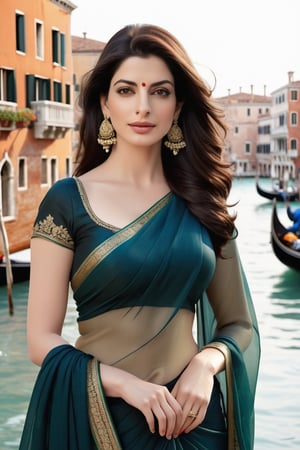 Here's a hyper-realistic prompt for the description of the Indian woman:

Vertical shot of a stunning Indian woman in her 40s, standing confidently against the picturesque backdrop of Venice City, France. Her striking features are highlighted by fairy-like tone and fair skin. Trendsetter Wolf Cut black hair falls down her back like a waterfall, framing her determined expression. She wears a sleek saree that accentuates her curvy figure, particularly emphasizing her 36D bust. Anne Hathway's flirty gaze is replicated in her piercing stare, as if she's daring the viewer to approach her. The formal attire and modern surroundings create a sophisticated atmosphere, while the highly detailed features of her face and hair bring depth and dimensionality to the image.