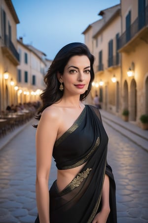 A stunning Indian woman in her 40s, adorned with a wolf-cut black hair trendsetter look, poses confidently in Vence City, France. Her formal yet modern attire features a exquisite saree draping elegantly around her figure. Her 36D curves are accentuated by the flowing fabric. Her fair skin glows under fairy-like soft lighting, highlighting her determined gaze. A subtle flirty tone lingers in her eyes, reminiscent of Anne Hathaway's captivating charm. The vertical composition draws attention to her striking features, set against a refined, high-contrast backdrop.